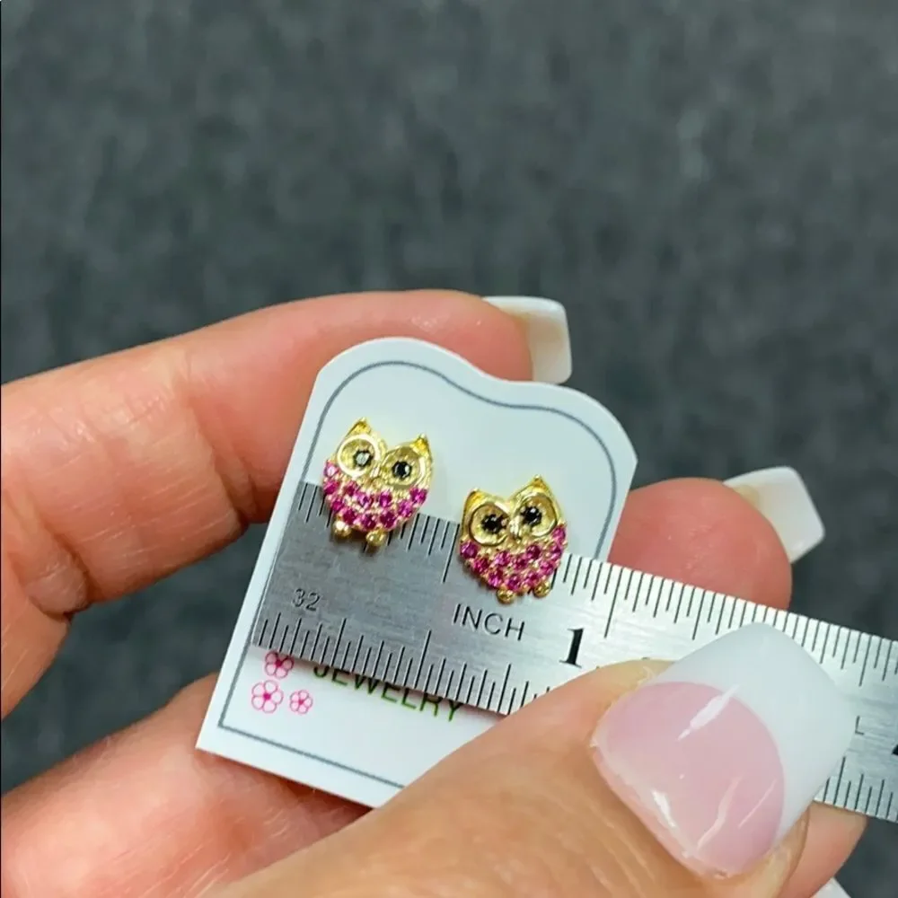 14k gold plated Red Owl CZ Girls Earrings